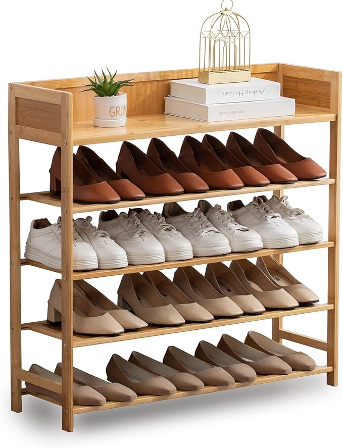 Bamboo Shoe Rack Organizer, 5 Tier Shoe Shelf Storage Organizer, by Suwoic