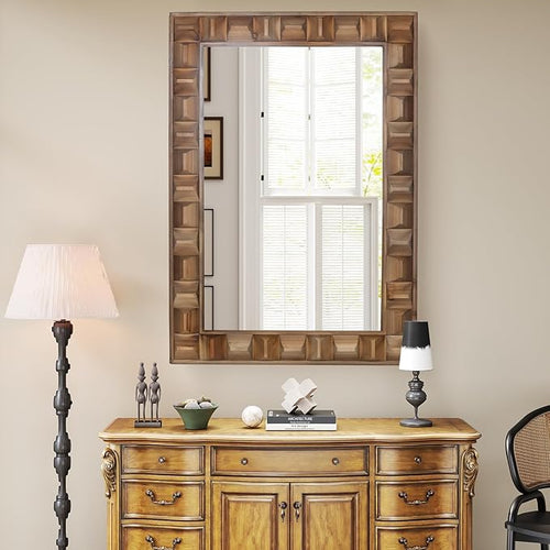 22x30 Inch Farmhouse Rectangular Wall Mirror, Rustic Wooden Frame Decorative by XGGJWW