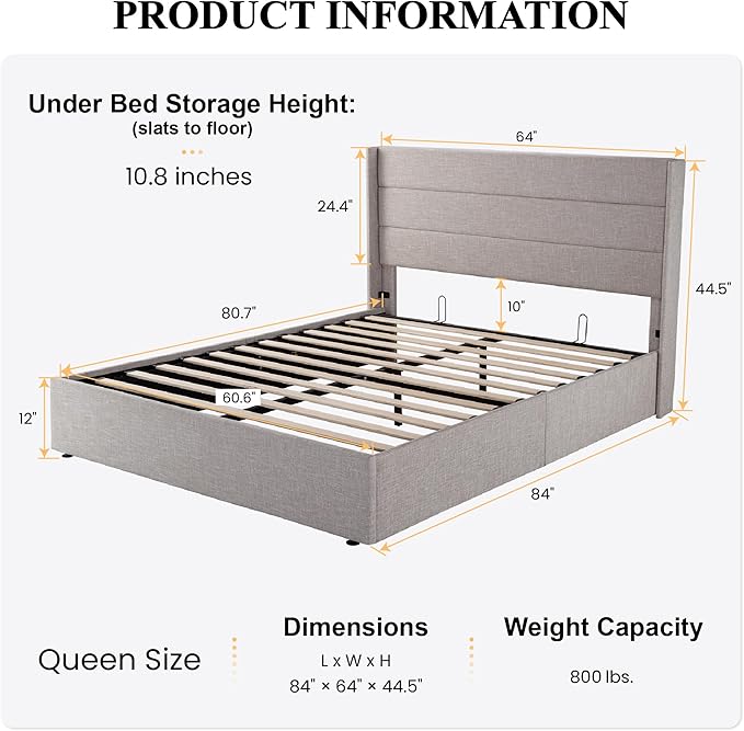 SHA CERLIN Queen Size Lift Up Storage Bed/Modern Wingback Headboard/Upholstered - Image 2