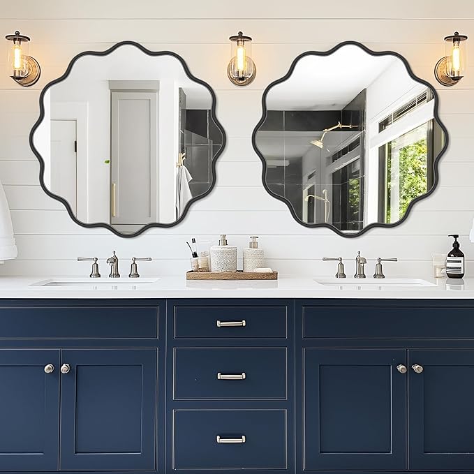 PROHOMEWARE Black Round Mirror 32 Inch Wavy Bathroom Vanity Mirror Black Frame - Image 2