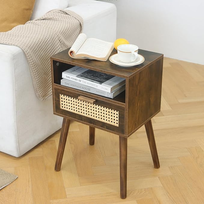 MaxSmeo Small Nightstand with Charging Station, Rattan Side Table Mid Century - Image 8