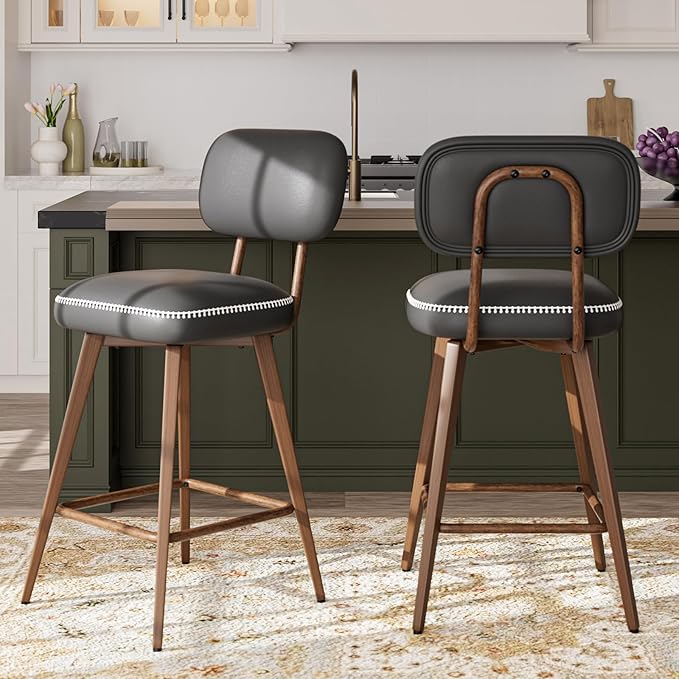 Swivel Bar Stools Set of 3, Mid Century PU Leather Counter Height Bar Chairs - Image 6