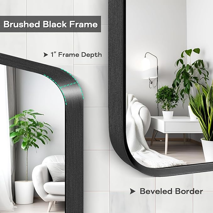 Wall Mount Mirror for Bathroom, Brush Black Metal Framed Rounded Corner - Image 4