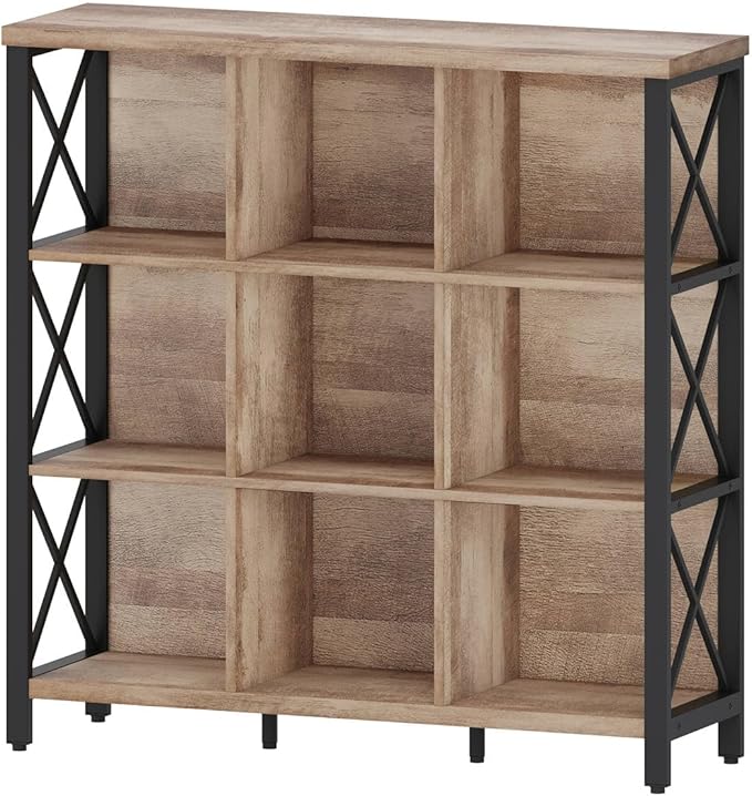 FATORRI 9 Cube Storage Bookshelf, 4 Shelf Book Shelf, Farmhouse Wood and Metal - Image 9