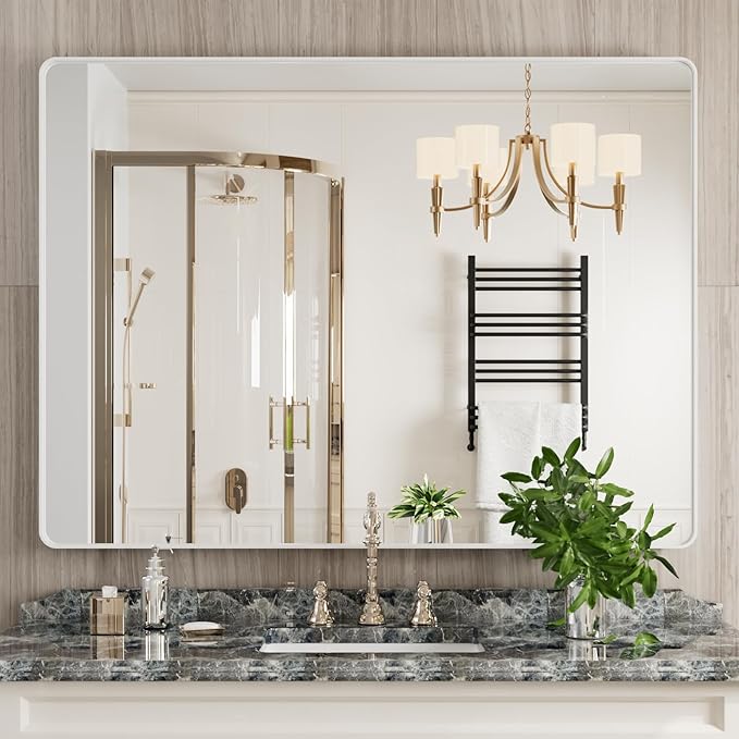 White Bathroom Mirror 48x36 Inch, Rounded Rectangle Matte Bathroom Vanity Mirror - Image 2