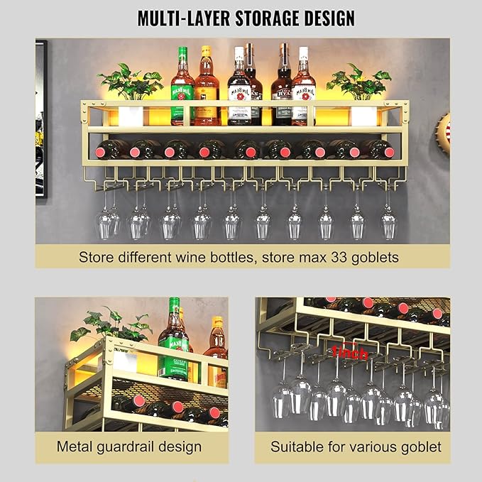 Pengfei LED Wine Rack Wall Mounted, Industrial Metal Wall Wine Shelf & Glass - Image 3