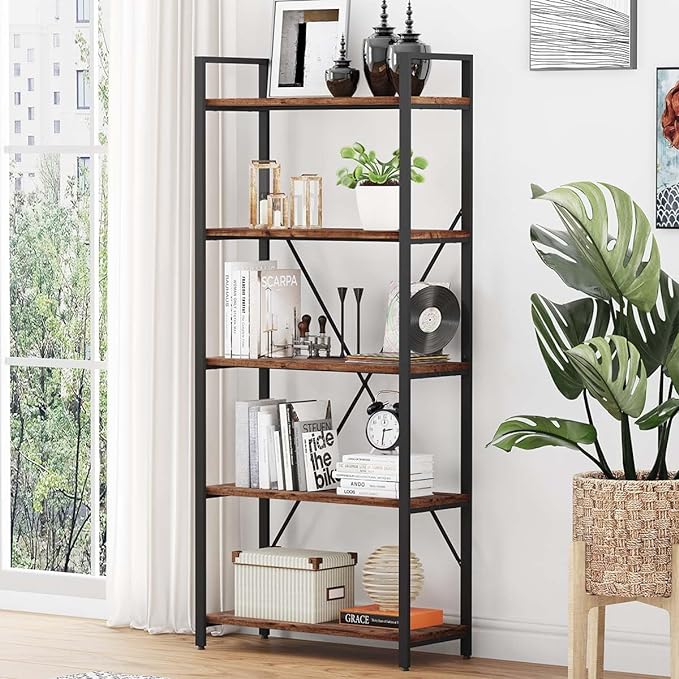BON AUGURE Industrial Bookshelf, Etagere Bookcases and Book Shelves 5 Tier by BONAUGURE