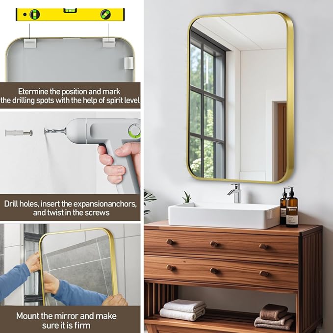 Matte Gold Mirror, 20x28 Inch Brushed Gold Mirror, Aluminum Alloy Framed Vanity - Image 7