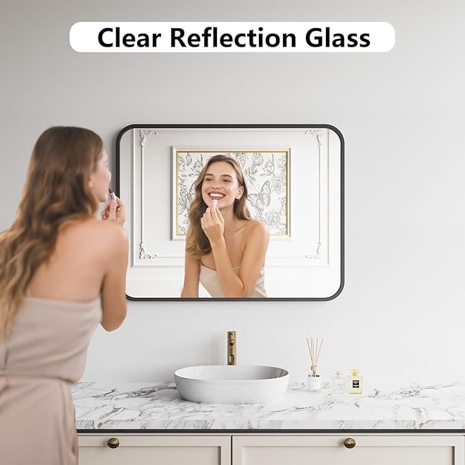 Bathroom Mirror, 28X32 Inch Black Metal Framed Mirror - Image 2