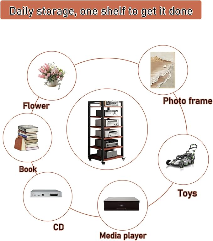 6 Tier Audio Rack Tower, CD Record Player Stereo Receiver AV Equipment Cabinet - Image 7