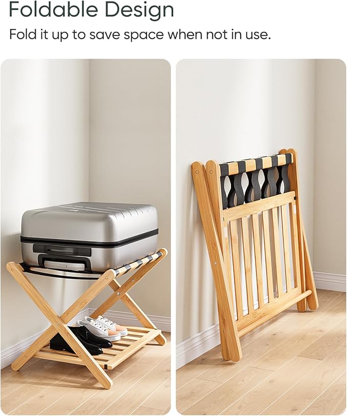 Fully Assembled Bamboo Luggage Rack, Heavy Duty Folding Suitcase Stand - Image 3