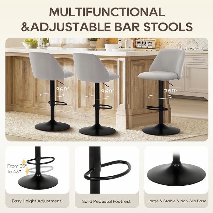 COLAMY Bar Stools Set of 2, Modern Swivel Bar Chairs, Adjustable Upholstered - Image 4