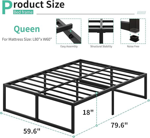 18 Inch Queen Bed Frame Heavy Duty Steel Slat Support Metal Queen Size Platform - Image 2