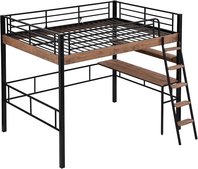 Metal Full Size Loft Bed with Built-in Desk, Storage Shelf and Ladder, - Image 4