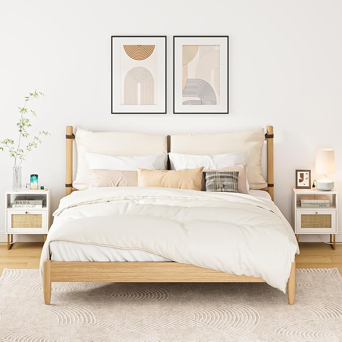 Masupu Rattan Nightstand with Charging Station, Modern Boho Farmhouse Wood - Image 7