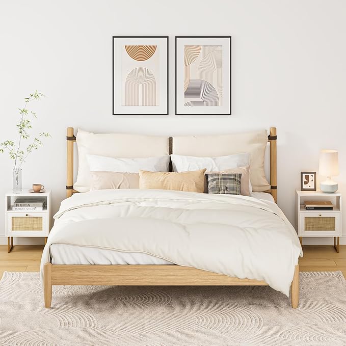 Rattan Nightstand, Boho Night Stand Farmhouse Wood Bedside Table - Image 7