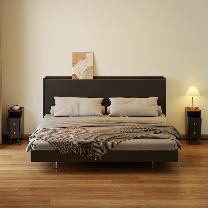 Narrow Nightstand with Drawers, Wood Bedside Table, Small Black Nightstand Set - Image 8