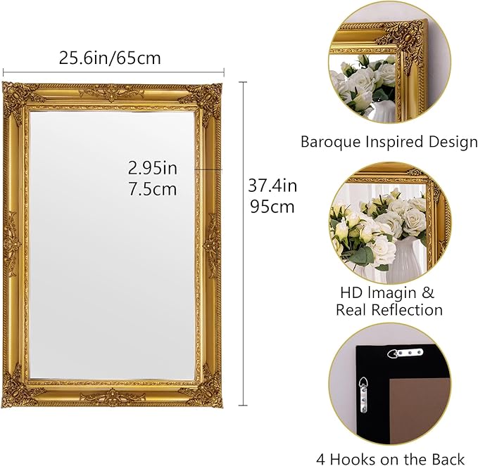 Gold Vintage Mirror, 37.4" x 25.6" Traditional Antique Gold Wall Mirrors - Image 6