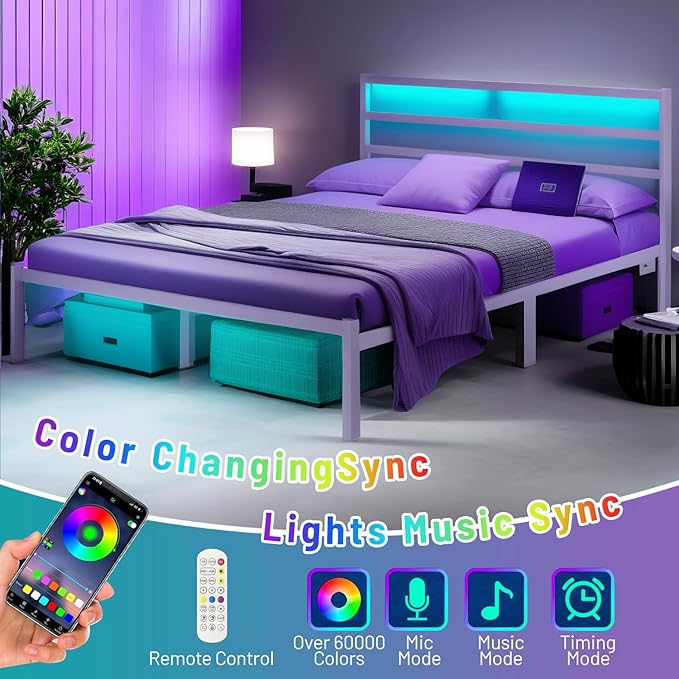 Full Size Bed Frame with Headboard, Heavy Duty Steel Slats Support-LED Bed - Image 3