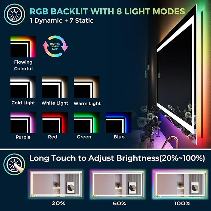 60x40 Inch RGB LED Bathroom Mirror Front Light and RGB Backlit Lighted Vanity - Image 3