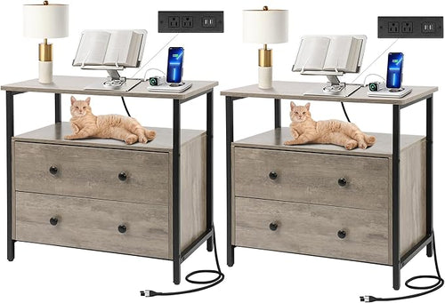 27 inch Wide Nightstand with Charging Station, Bedside Table with Open Shelf by Edbuosy
