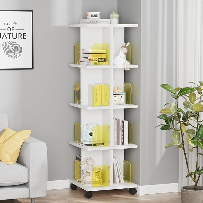VECELO Rotating Bookshelf with Brake Wheels, 360°Display 4 Tier Floor Stackable - Image 2