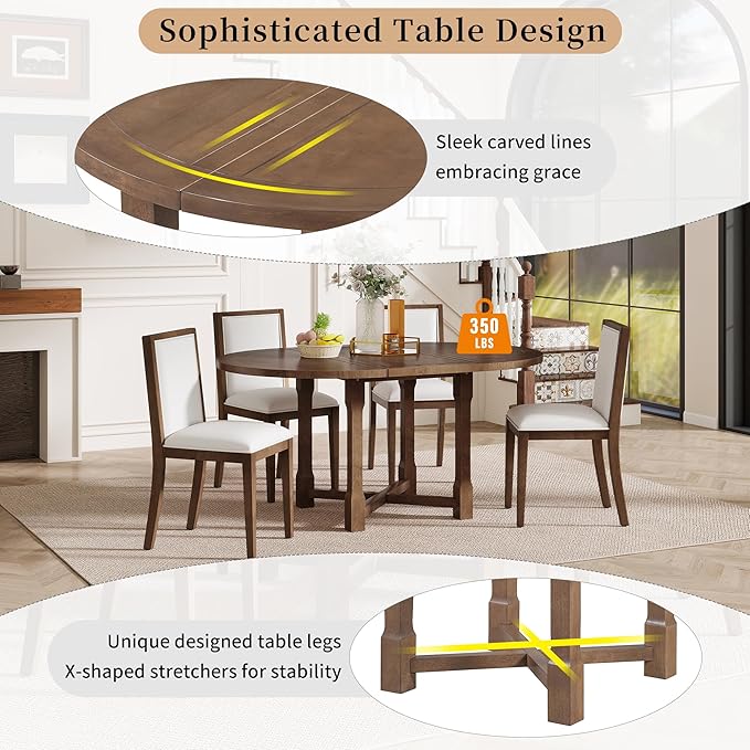 Merax 5-Piece Extendable Dining Table and 4 Upholstered Chairs, Round Oval - Image 10