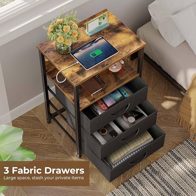 Seventable Nightstand with Charging Station and LED Light, Bedside End Table - Image 2
