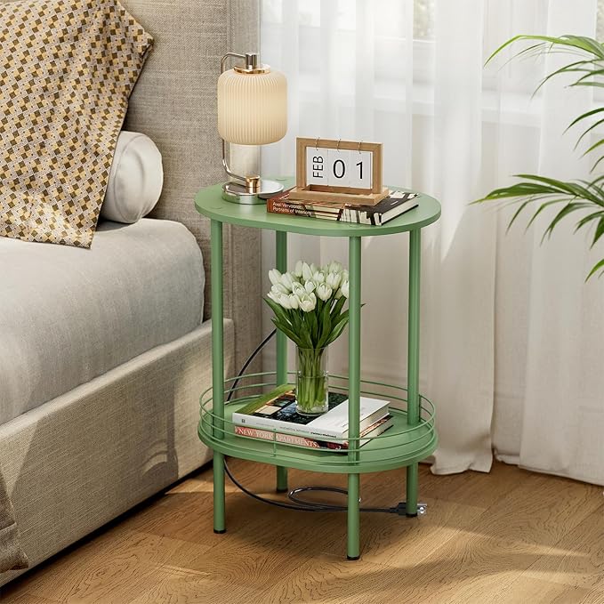 Small Round Side Table with Charging Station, Bedside Table with 2 USB Ports - Image 3
