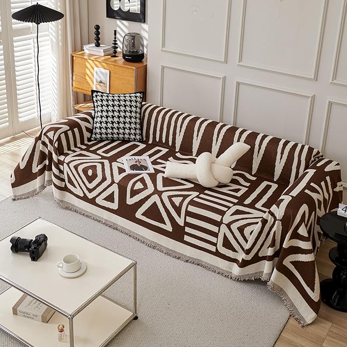 STACYPIK Boho Chenille Sofa Covers, Chocolate Geometric Couch Cover - Image 2