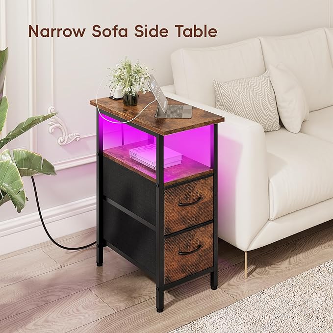 Vagusicc Nightstand with Charging Station and LED Lights, Narrow Side Table - Image 7
