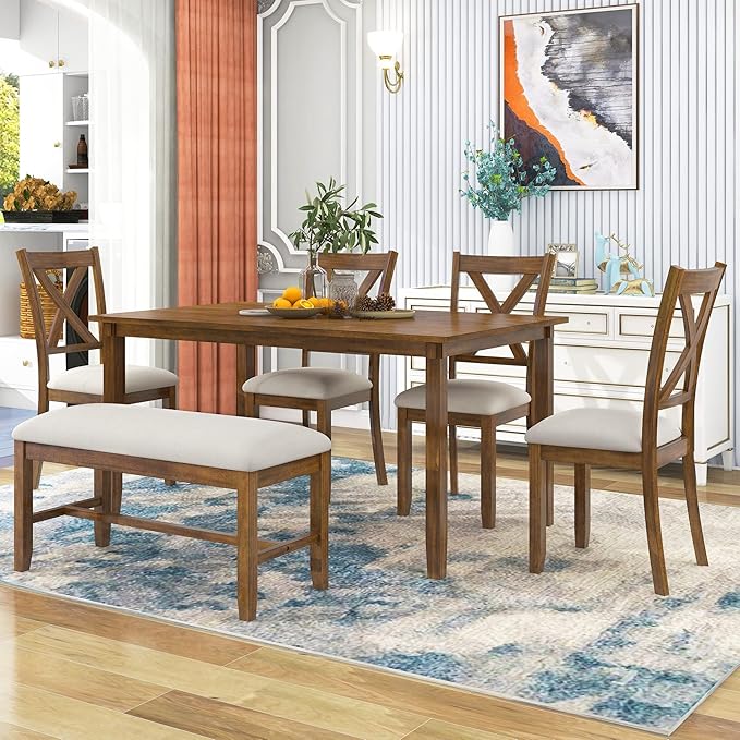 6 Pieces Dining Table Set with 60" Rectangle Kitchen Desk, Living Room - Image 4