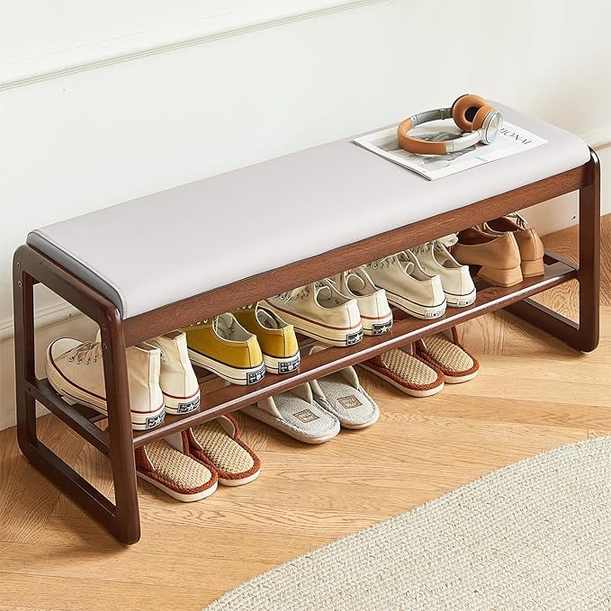Solid Wood Shoe Bench, 2-Tier Wooden Storage Entryway Bench, Small Entryway by AutoHenair