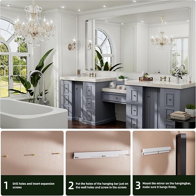 Hasipu Brushed Silver Bathroom Mirror 59x39 Inch Rounded Rectangle Vanity - Image 5