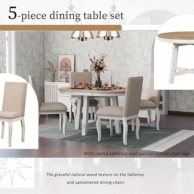 5 Pieces Dining Table Set with 43" Round Extendable Desk, Living Room Furniture - Image 5