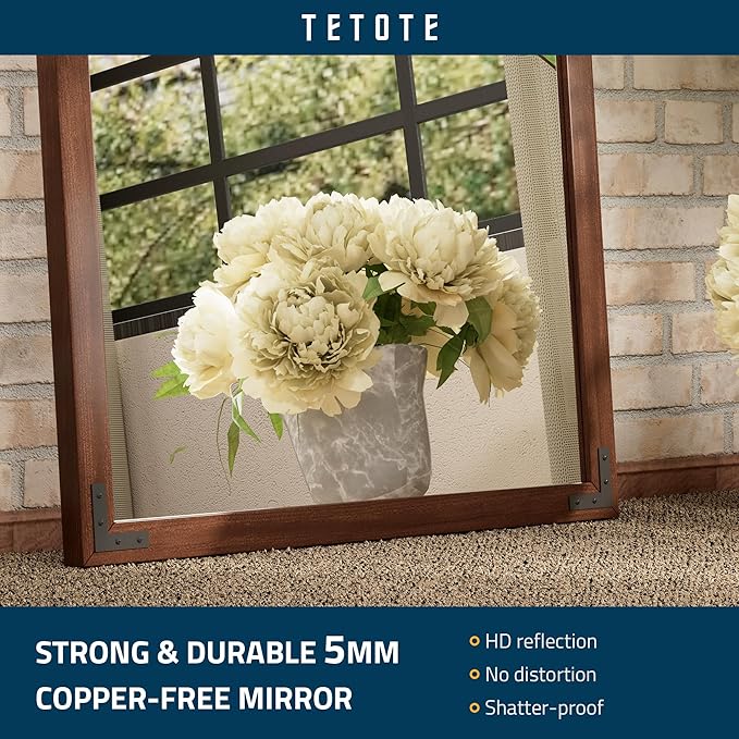TETOTE 60 x 36 Rustic Bathroom Mirror Wood Frame, Waterproof Walnut Brown - Image 5