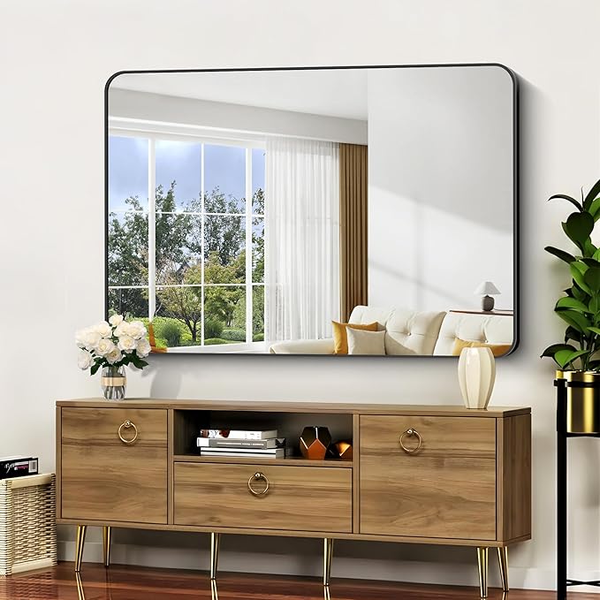 Bathroom Mirror, 55x36 inch Black Rectangle Wall Mirror, Metal Frame Rounded - Image 6