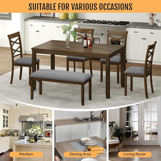 6-Piece Solid Wood Dining Table Set, Includes 1 Dining Table, 4 Upholstered - Image 6