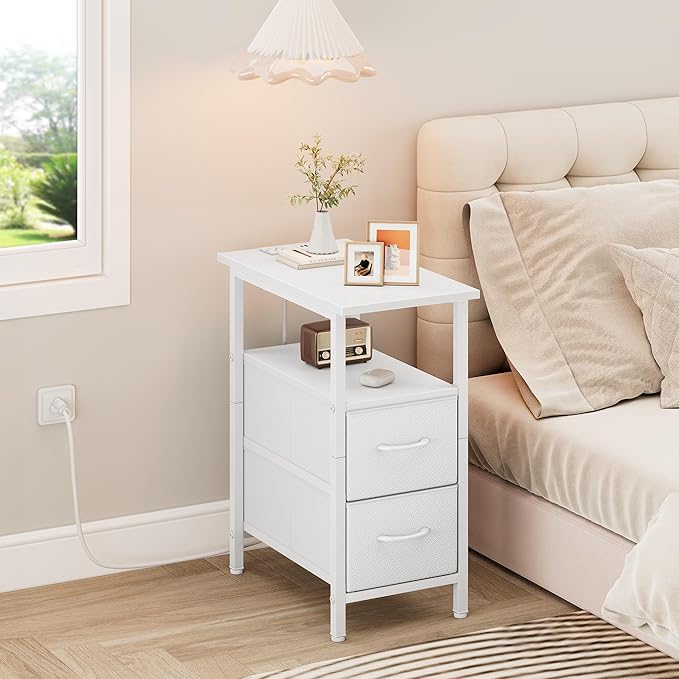 Vagusicc White End Table with Charging Station, Narrow Side Table, 23.8'' Tall - Image 5