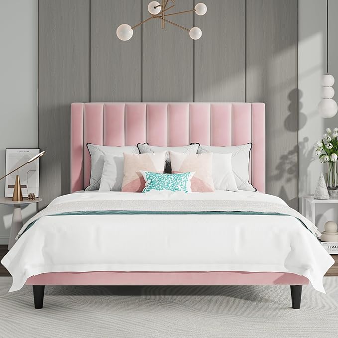 SHA CERLIN Queen Bed Frame/Velvet Upholstered Platform Bed Frame by SHACERLIN