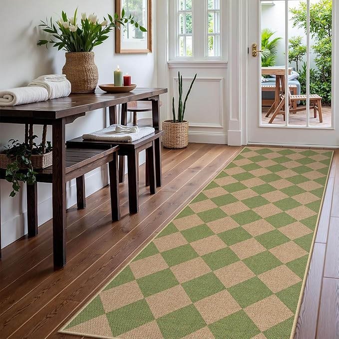 Lahome Checkered Green Runner Rug, 2x8 Carpet Runners - Image 2
