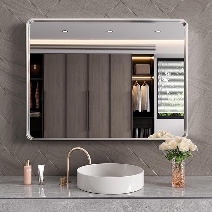 Brushed Nickel Bathroom Mirror 40x36 Inch, Brushed Silver Metal Frame Mirror - Image 2