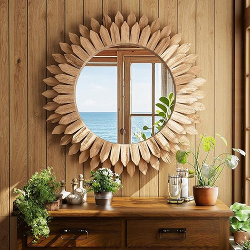 24 Inch Brown Boho Wall Decor Sunburst Mirror - Image 2