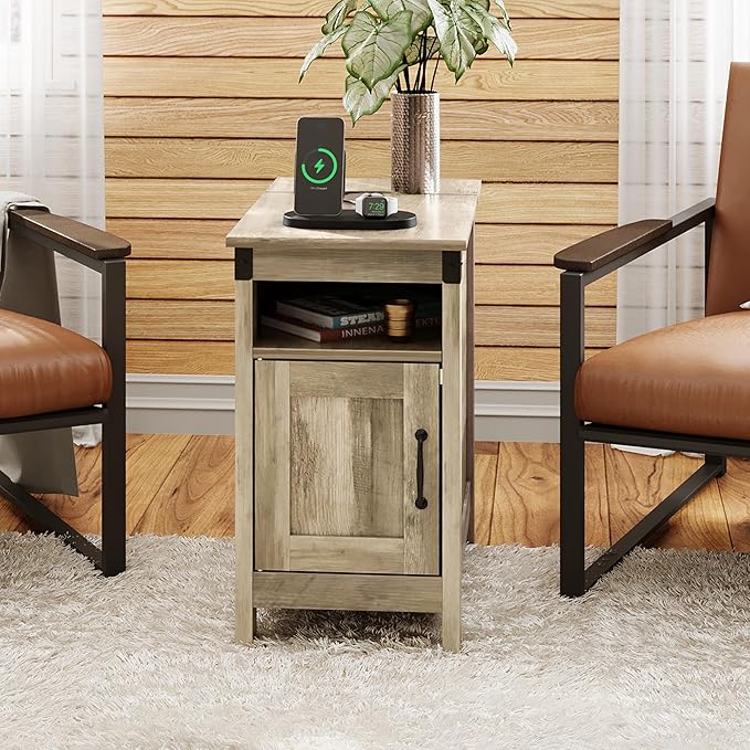 WLIVE Farmhouse End Table with Charging Station, Narrow Side Table - Image 4