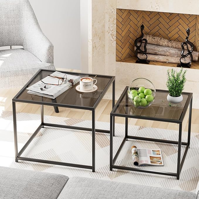 Garden 4 you Coffee Table Set of 2, Modern Glass Nesting Table, Metal Frame - Image 4