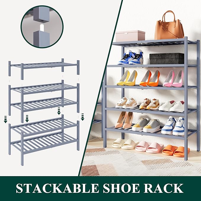 Smiry Shoe Rack, 6 Tier Thick Bamboo Shoe Organizer, Stackable Free Standing - Image 4