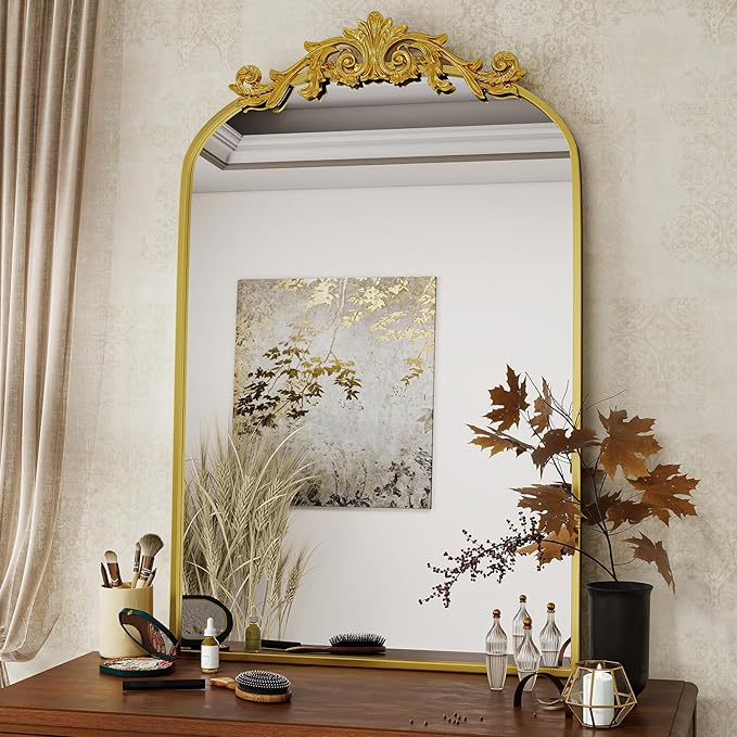 Vintage Arched Wall Mirror, 26x38 inch Retro Arch Bathroom Mirror, Carve by VooBang