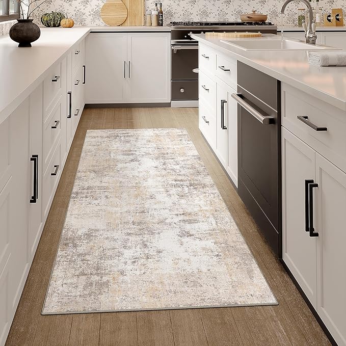 2x6 Washable Runner Rug Beige Grey Neutral Abstract Hallway Kitchen Living Room - Image 3