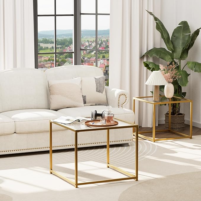 VILAWLENCE Coffee Table Set of 2, Modern Gold Glass Side Table, Metal Frame - Image 6