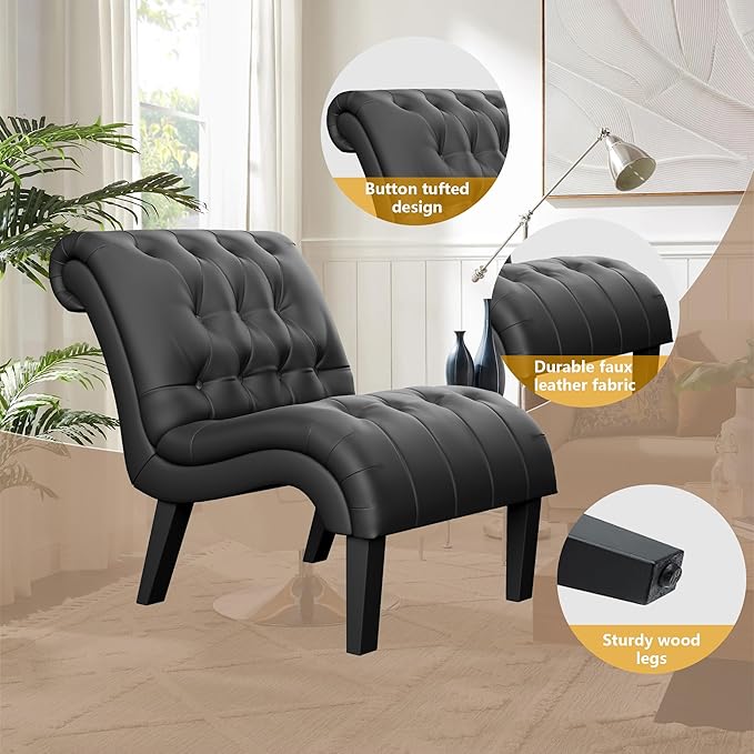 Yongqiang Black Faux Leather Accent Chair Modern Button Tufted Upholstered - Image 7